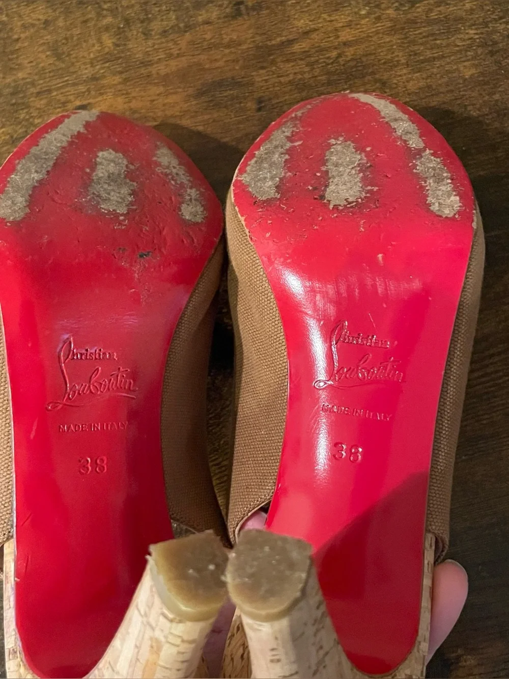 Christian Louboutin Peep Toe Slingback Heels Brown Cork Red Sole Women Size 38 8